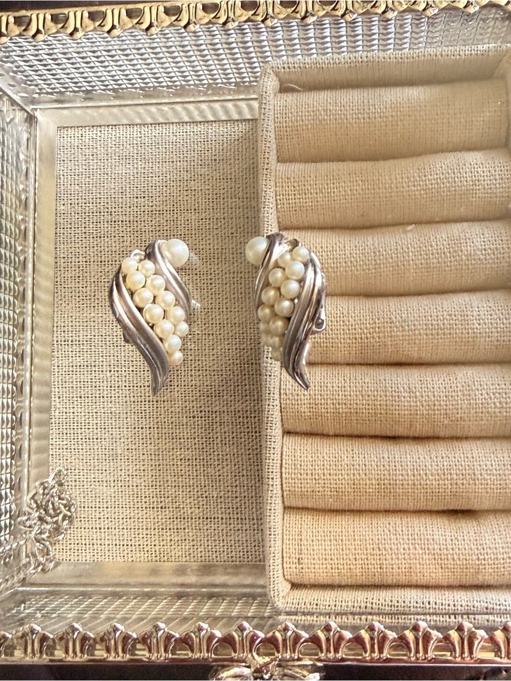 Vintage Trifari Pearl Cluster Silver-Tone Clip Earrings - Cream Pearls